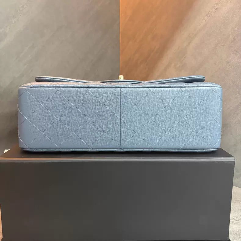 Chanel sky blue pebbled leather Cf Jumbo gold hardware