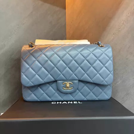 Chanel sky blue pebbled leather Cf Jumbo gold hardware