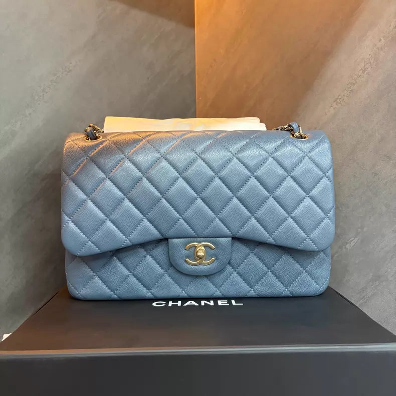 Chanel sky blue pebbled leather Cf Jumbo gold hardware