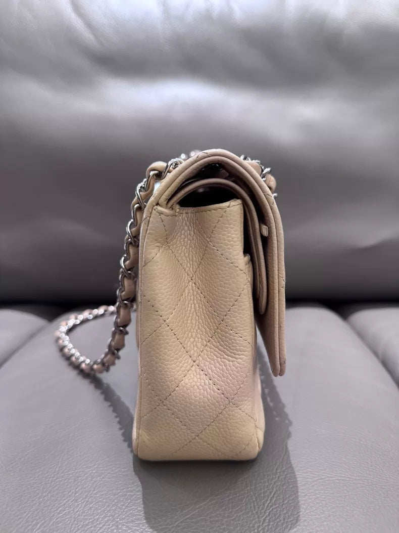 99新香奈儿/Chanel CF 中号米色银扣荔枝纹牛皮链条