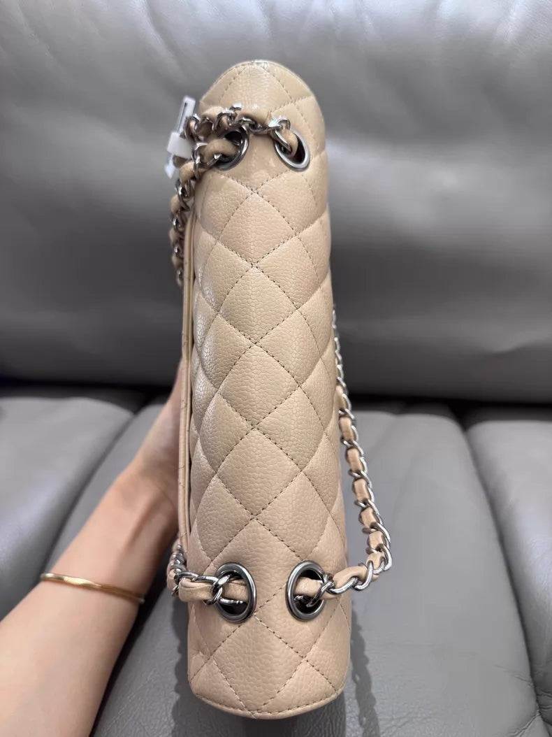 99新香奈儿/Chanel CF 中号米色银扣荔枝纹牛皮链条