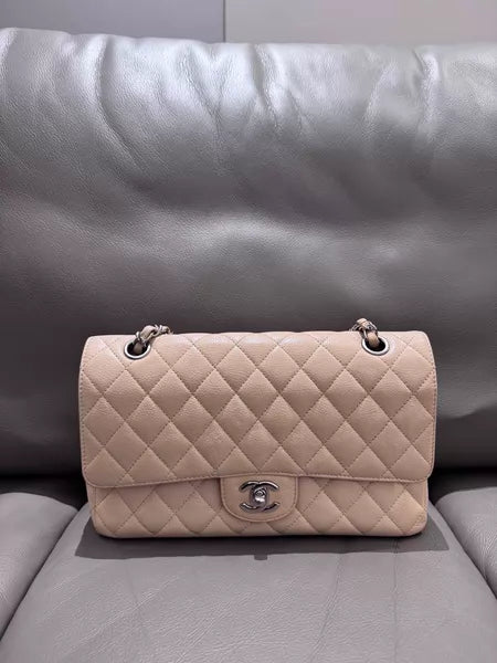 99新香奈儿/Chanel CF 中号米色银扣荔枝纹牛皮链条