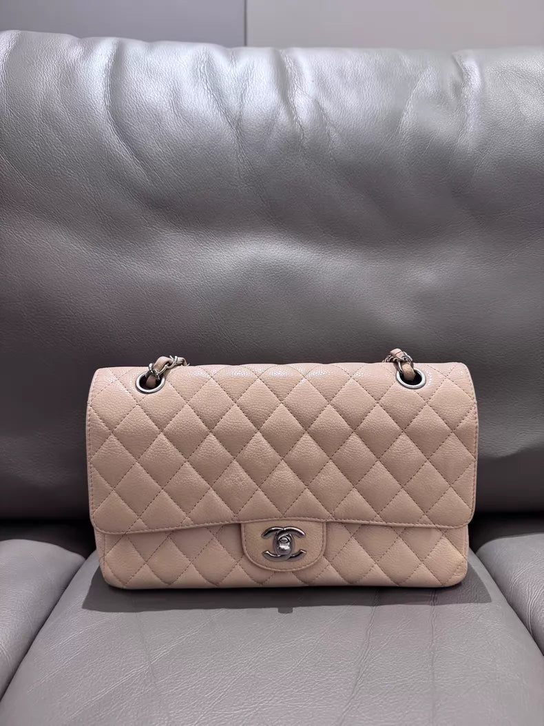 99新香奈儿/Chanel CF 中号米色银扣荔枝纹牛皮链条