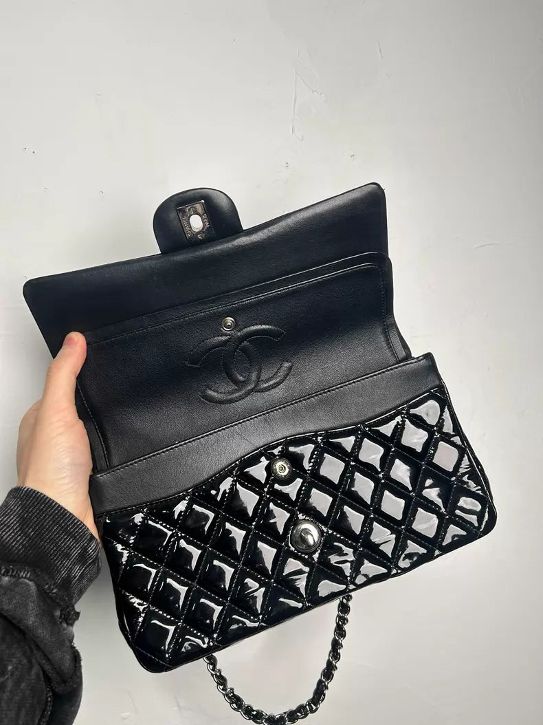 CHANEL Chanel CF medium patent leather black silver hardware 19