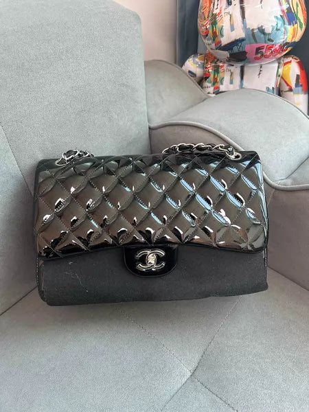 Chanel jumbo black silver hardware patent leather 98-99