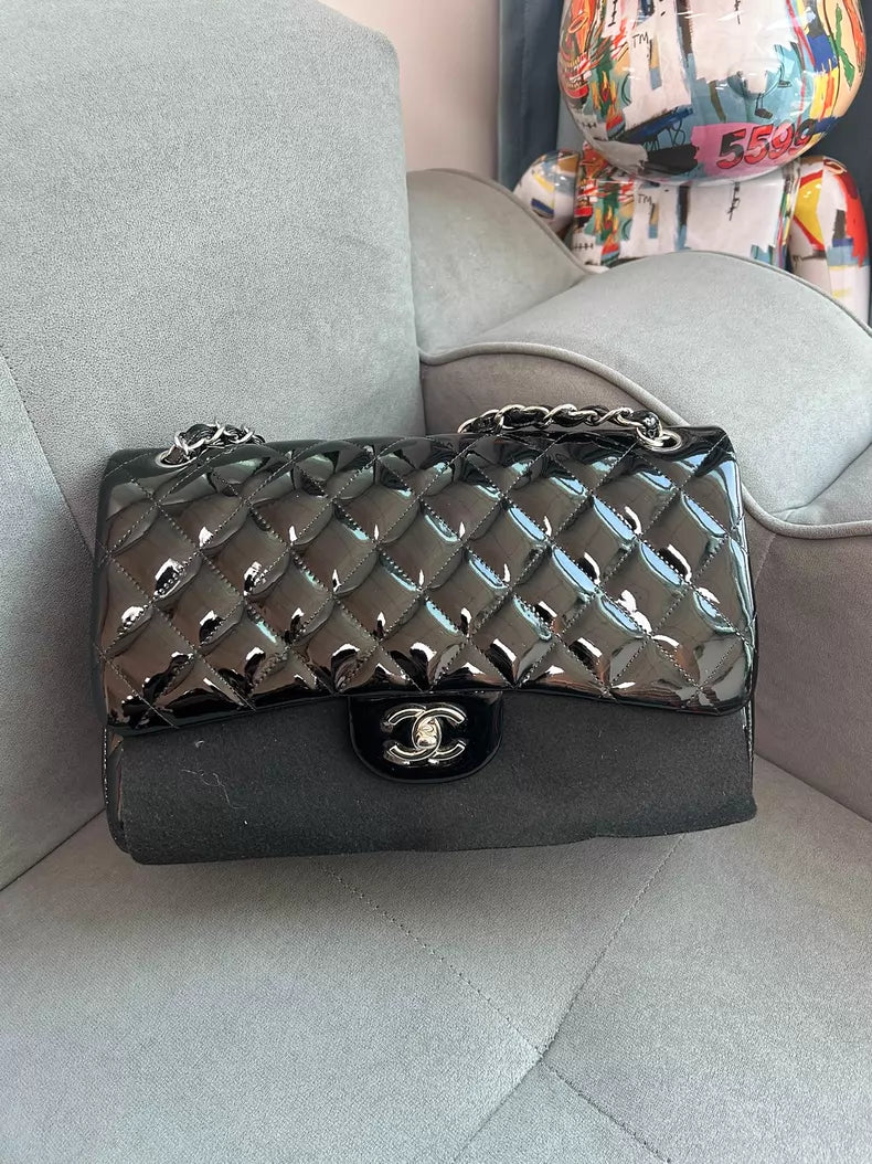 Chanel jumbo black silver hardware patent leather 98-99
