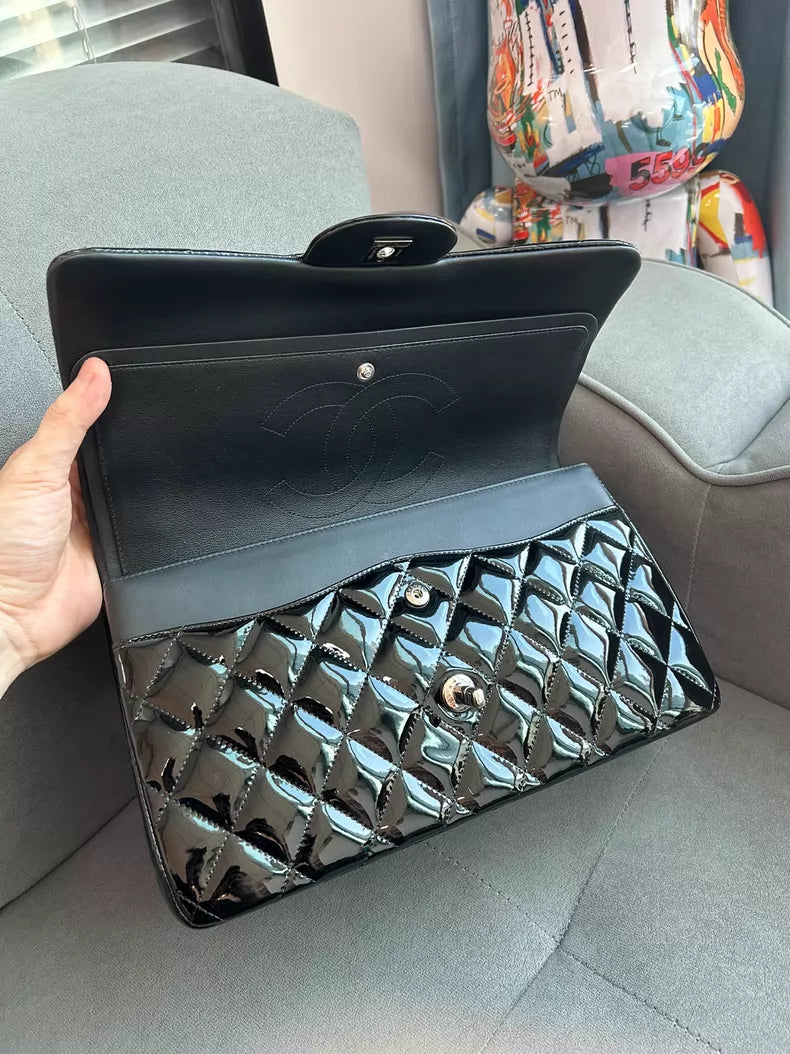 Chanel jumbo black silver hardware patent leather 98-99