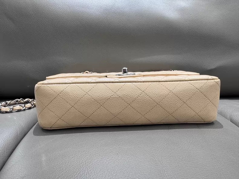 99新香奈儿/Chanel CF 中号米色银扣荔枝纹牛皮链条