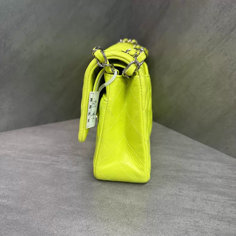 Chanel/ Chanel cf medium neon yellow silver hardware lambskin 31