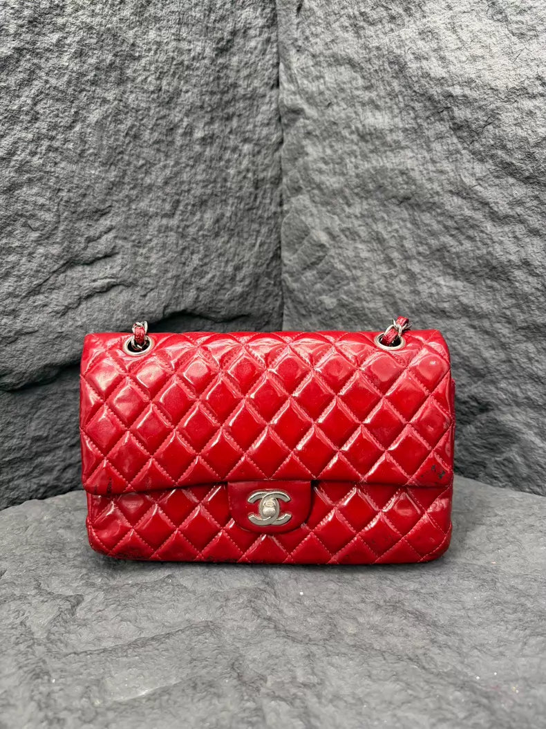 CHANEL Chanel CF medium patent leather red silver hardware 14
