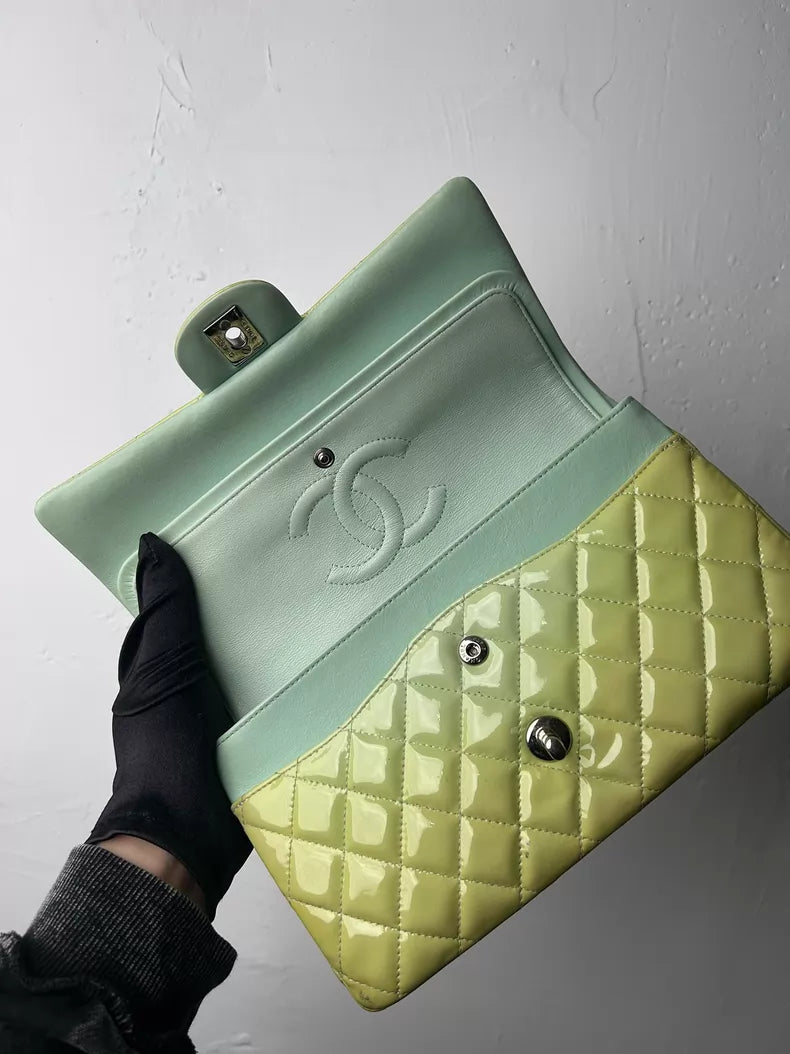 CHANEL Chanel CF medium patent leather green silver hardware