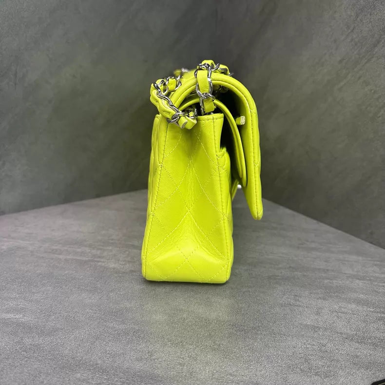 Chanel/ Chanel cf medium neon yellow silver hardware lambskin 31