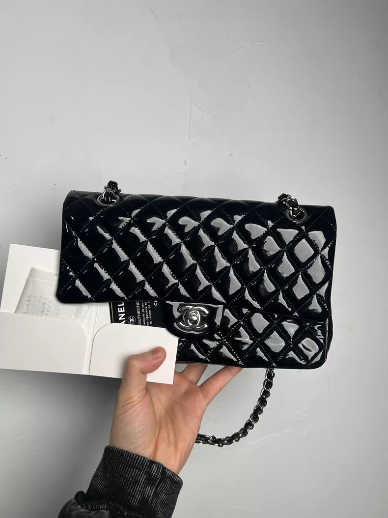 CHANEL Chanel CF medium patent leather black silver hardware 19