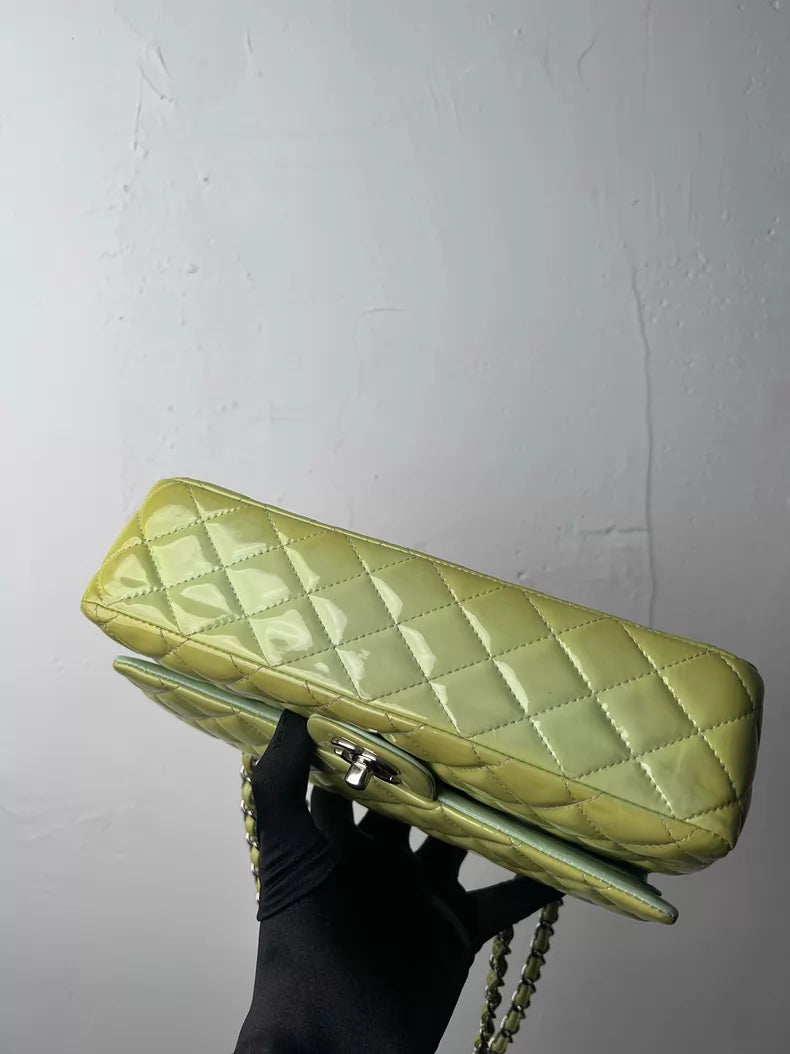 CHANEL Chanel CF medium patent leather green silver hardware