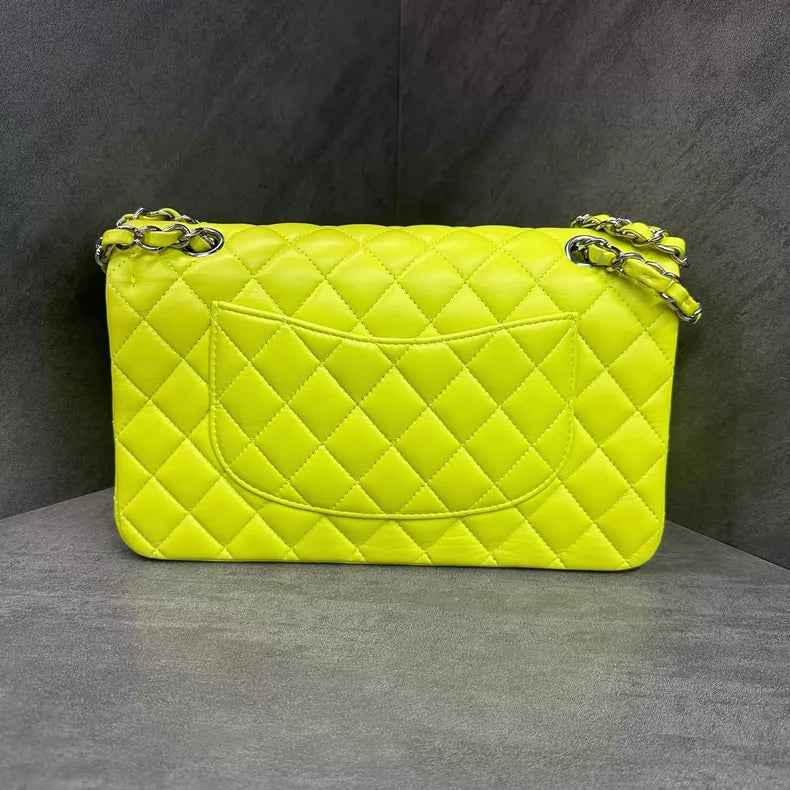 Chanel/ Chanel cf medium neon yellow silver hardware lambskin 31
