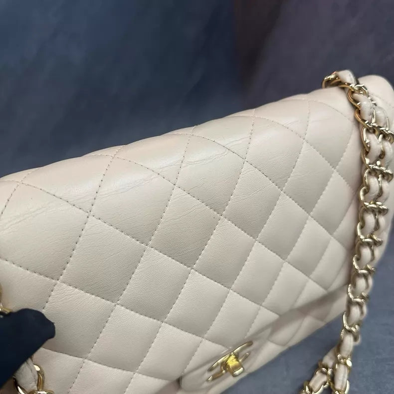 Chanel cf jumbo milk tea lambskin 15